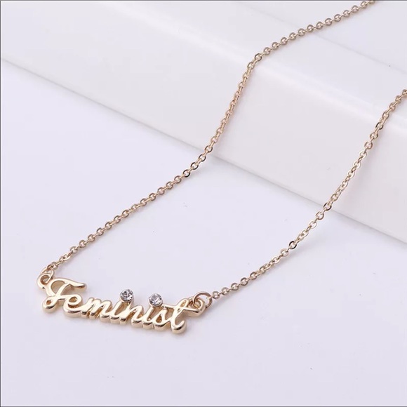 Small Gold tone w Rhinestones Feminist Necklace - Picture 2 of 8